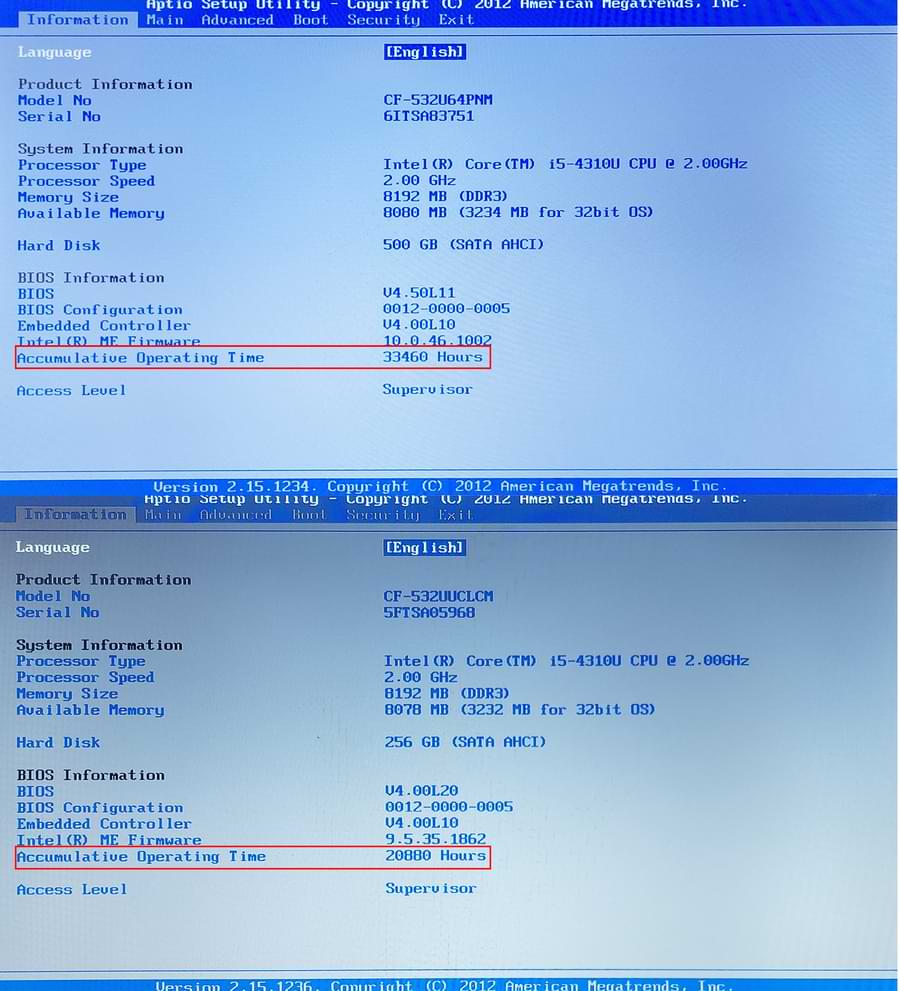 View of the BIOs showing hours of usage