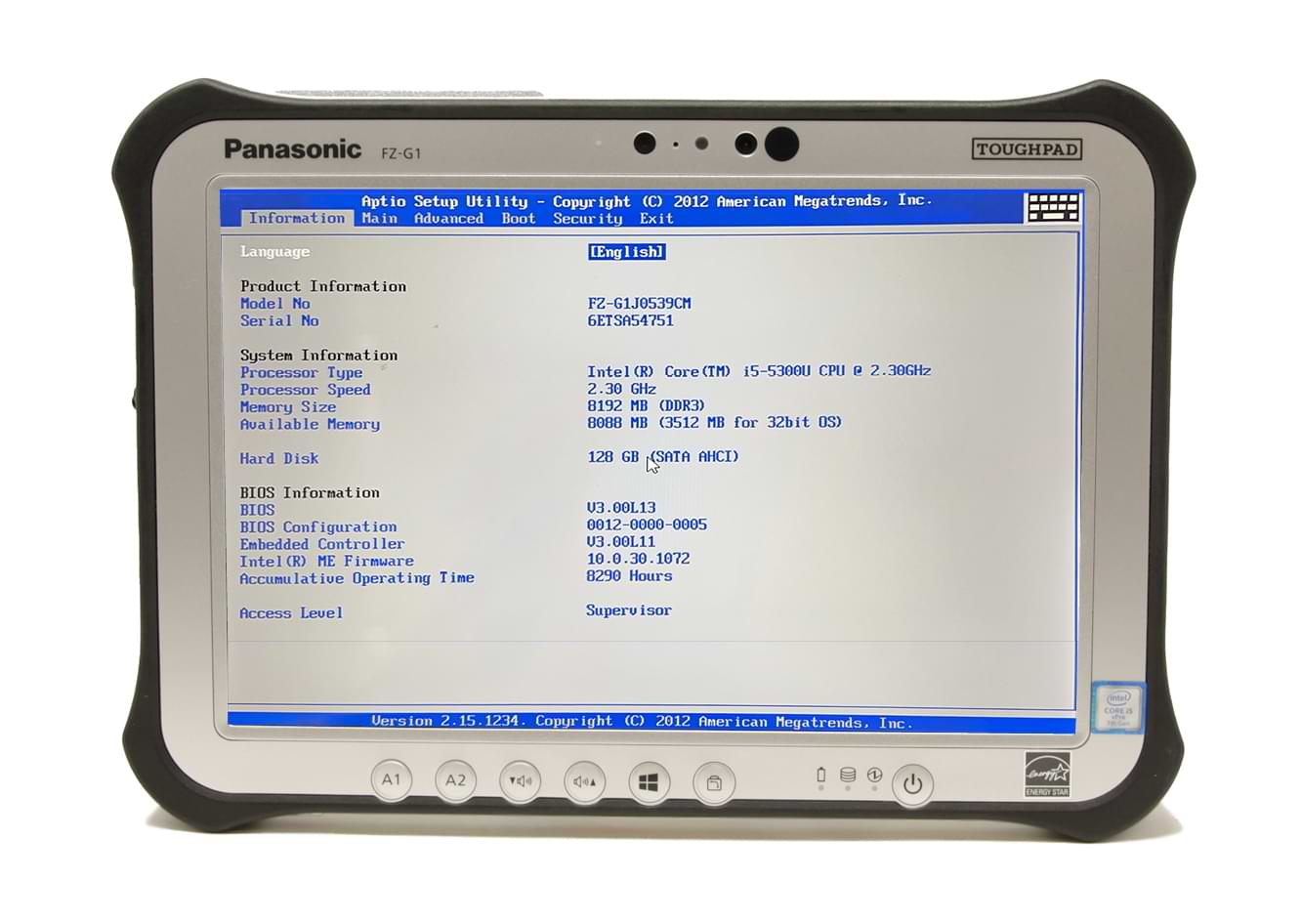 The Panasonic Toughpad FZ-G1 in its BIOS