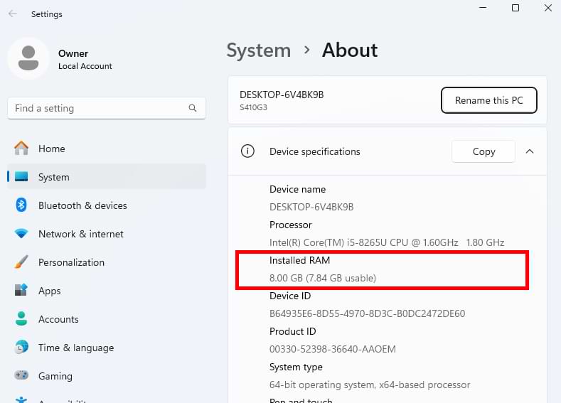 Checking the RAM in a Getac S410s settings