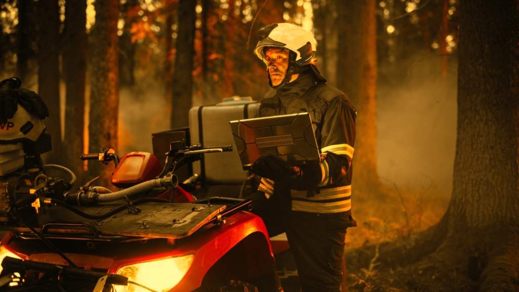 Fireman using laptop