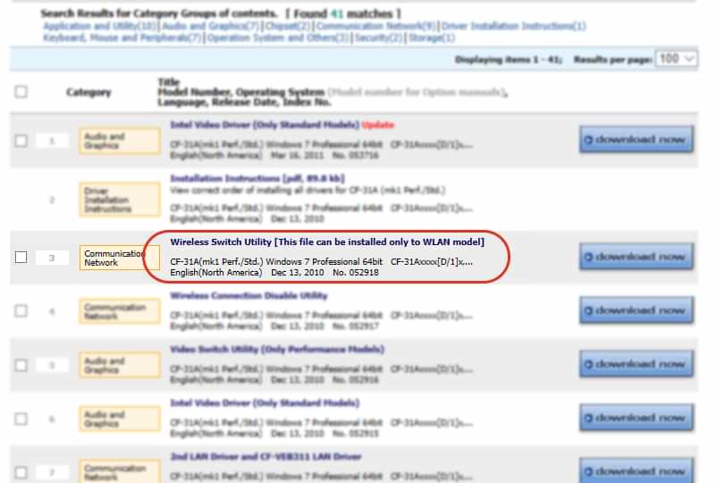 Panasonic download center search results page with Wireless Switch Utility selected