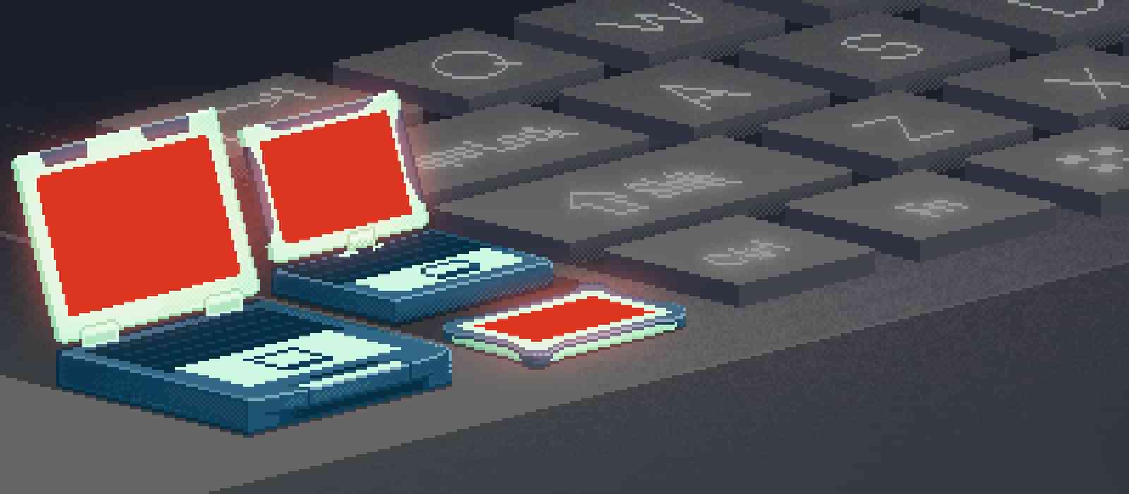 Pixel-art Toughbooks and a giant keyboard sit on a mysterious ledge or something