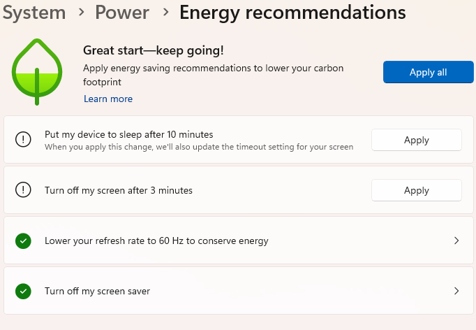 Power Saving suggestions in Windows 11