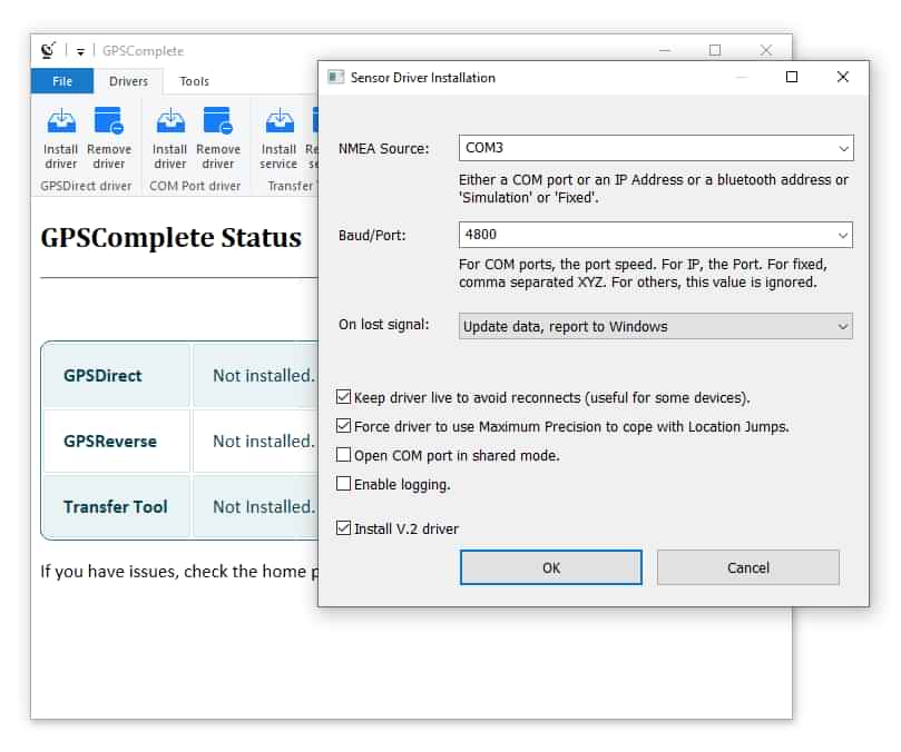 Sensor driver installation window example