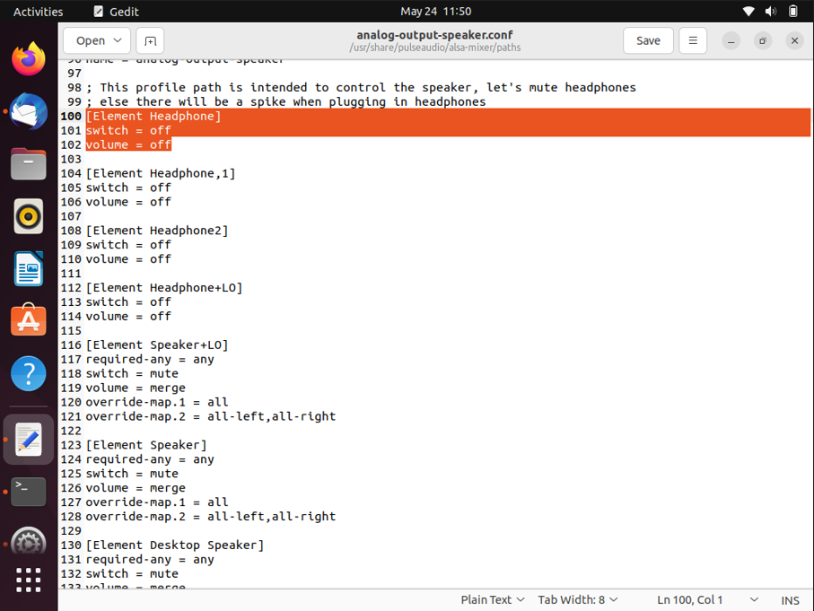 Editing the Sound Profile in Ubuntu's gedit to fix the Audio